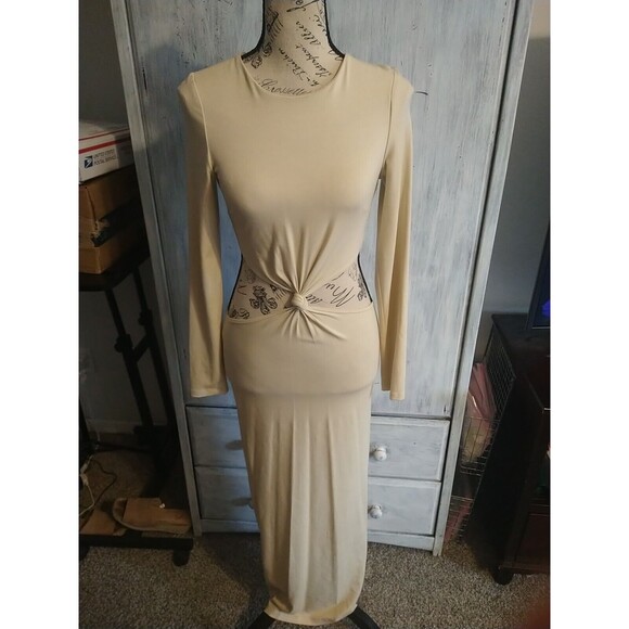 Torn By Ronnie Cobo Maxi Long Sleeve Tan Dress Sm Boho Sexy Beachy Hippie - Picture 1 of 11